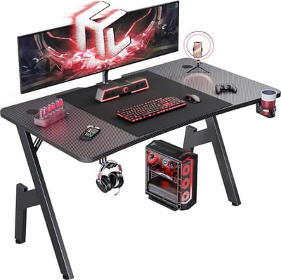Gaming Bureau 120 x 60cm, Gaming Tafel, Stabiel PC Bureau met Carbon Fibre Coating, Ergonomisch Computertafel met Bekerhouder Hoofdtelefoonhaak, Zwart