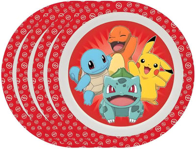 Pokémon thema ontbijt bordje - 4x - rood - D21 cm - kunststof - ontbijtbord - kinderbord