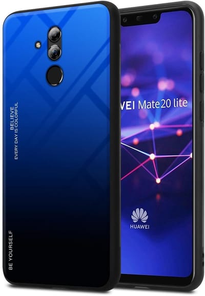 Cadorabo Hoesje geschikt voor Huawei MATE 20 LITE in BLAUW - ZWART - Tweekleurige beschermhoes van TPU-silicone Case Cover en achterzijde van gehard glas