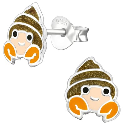 Joy|S - Zilveren hermiet kreeft oorbellen - met schelp en oranje scharen - 7 x 8 mm - kinderoorbellen