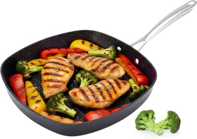Lomera Grillpan Inductie - Non-Stick Coating - Krasbestendig - PFOA-vrij - Gesmeed Aluminium - RVS Handgreep - Geschikt voor Alle Warmtebronnen - Snelle Opwarming - Low Fat Cooking - Eterna+Ti Coating