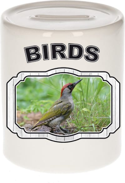 Dieren liefhebber groene specht spaarpot 9 cm jongens en meisjes - keramiek - Cadeau spaarpotten vogels liefhebber