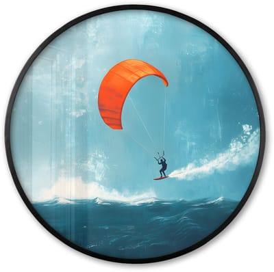 Poster in lijst Rond - Fotolijst 60x60 cm - Posters - Kitesurfer - Oranje - Zee - Lucht - Ronde posterlijst zwart - Decoratie - Wanddecoratie woonkamer - Muurdecoratie slaapkamer