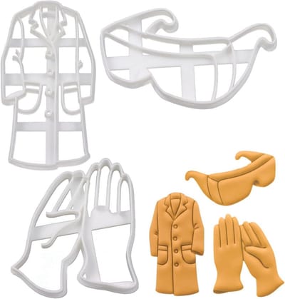 Set van 3 Laboratorium Koekjesuitstekers - Ontwerpen: Laboratoriumjas, Handschoenen en Bril - Voor Bakken, Fondant en Deeg