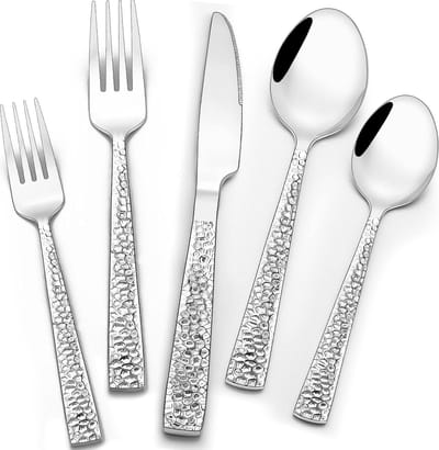 Hammered Silverware Set, 30-delig roestvrij stalen bestek voor 6 personen, geschikt voor levensmiddelen, bestek, messen, vorken, lepels, spiegelend oppervlak, vaatwasmachinebestendig