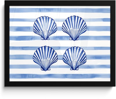 Poster in lijst - Fotolijst 40x30 cm - Posters - Vier schelpen - Blauw - Wit - Strepen - Posterlijst zwart - Decoratie - Wanddecoratie woonkamer - Muurdecoratie slaapkamer