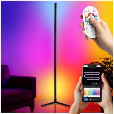 tectake® Slimme LED Vloerlamp Spectra - Hoeklamp met 16 miljoen Kleuren - 200 Lichteffecten - Staande Smart Lamp - 145 cm - Dimbaar - Bediening met App, Afstandsbediening, Knop en Spraak - Woonkamer Vloer Lamp - Sfeerverlichting