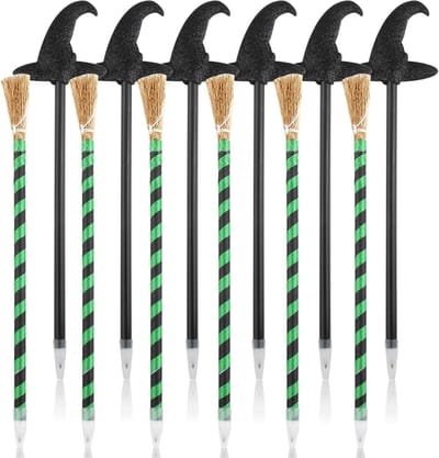Gestreepte Toverstok Pen met Zwarte Hekkenhoed en Pailletten, Multifunctionele Pennen voor Halloween en Feestjes, Set van 12 Stuks
