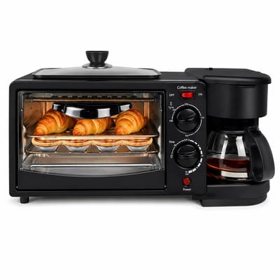 CINK Kitchen® 3-in-1 Ontbijtstation – Mini Oven 9L + Koffiezetapparaat 600ml + Grillplaat – Compact Keukenapparaat – 230°C – Zwart