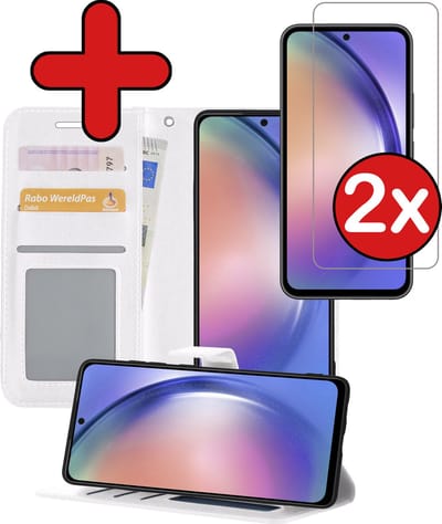 Hoesje - Met 2x Screenprotector - Geschikt voor Samsung Galaxy A54 - Luxe Pasjeshouder - Flip Case - Bookcase Portemonee - Kunstleer Book Case - Flipcase Hoes - Book Cover - Walletcase - Portemonneehoes - Telefoonhoes - Wit