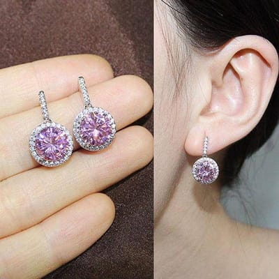 Huitan Boucles d'oreilles pendantes rondes en CZ bleu/rose/rouge/jaune pour femmes Plaqué Tempérament Élégantes Boucles d'oreilles féminines Bijoux de mariage
