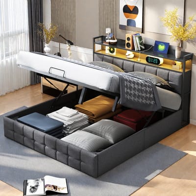 Tweepersoonsbed 160x200 cm – LED Hydraulisch Opbergbed met USB & Type-C, Hoofdbord met Verlichting, Grijs, Linnen