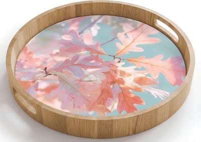 Dienblad rond 40x40 cm - Schootdienblad hout - Eikenbladeren - Takken - Roze - Borrelplank rechthoek - Plateau houten dienbladen