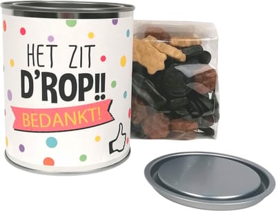 Bedankt cadeautje - "Het zit d'rop" - cadeau blik gevuld met drop - einde schooljaar - bedankt meester - bedankt juf cadeautje - pensioen - bedankt collega - einde stage