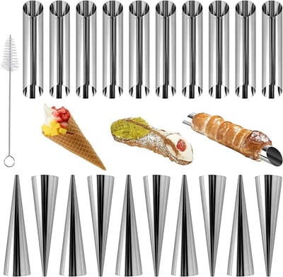 21 Stuks RVS Mallen voor Cannoli en Croissant - Tubes voor Perfecte Roomhoorn en Gebakvormen met Schoonmaakborstel