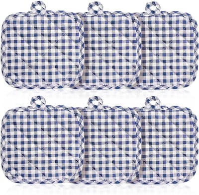 Katoenen Pannenlappen in Blauw Ruitpatroon, 6 Stuks, Voor Keuken, Multifunctionele Onderzetters en Keukenaccessoires voor Koken en Bakken