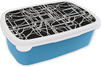 Broodtrommel Blauw - Lunchbox - Brooddoos - Netwerk - Patronen - Zwart Wit - Computer - 18x12x6 cm - Kinderen - Jongen
