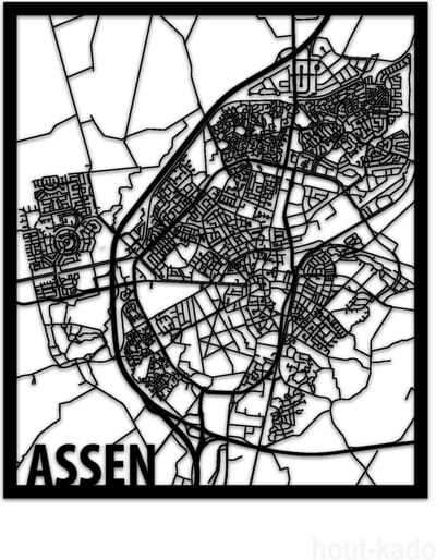 Hout-Kado Citymap Assen - Zwart - XL - Houten Stadskaart - Houten wanddecoratie - Plattegrond
