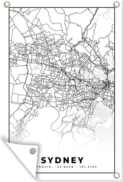 Muurdecoratie Sydney - Zwart Wit - Plattegrond - Stadskaart - Kaart - 120x180 cm - Tuinposter - Tuindoek