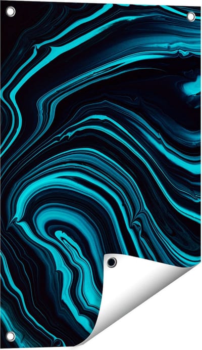 Gards Tuinposter Abstracte Kunst - Aqua Blauw met Zwart - 40x60 cm - Tuindoek - Tuindecoratie - Wanddecoratie buiten - Tuinschilderij