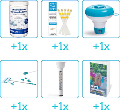 Zwembad Onderhoudspakket - Onderhoud Zwembad - bevat Chloor - Testrips - Chloordrijver - Schoonmaakset - Thermometer en Zwembadgids (6-delig)