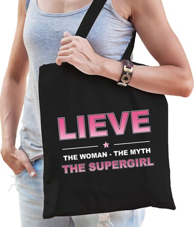 Naam cadeau Tasje voor Lieve - The woman, The myth the supergirl - katoenen - zwart - verjaardag - moederdag - collega - vriendin