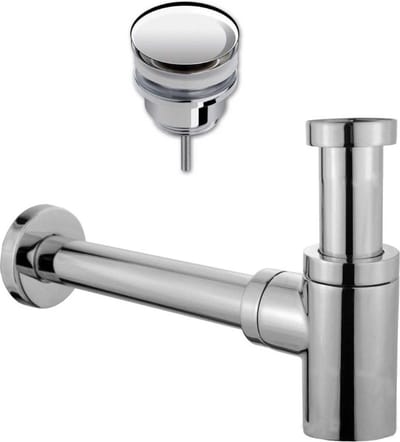 Design sifon Evolution 1¼" chroom met muurbuis inclusief luxe click waste afvoerplug Clic-Clac 1¼" chroom