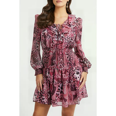 GUESS  Eco Ls Lace Up Flared Lu Purple Kashmir Print Taglia: XS | Abiti Mini Outlet | Donna | Viola