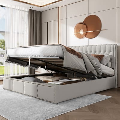 Katoen-linnen gestoffeerd bed, met hydraulische hendel, opbergruimte voor bedboxen, klinknageldecoratie, 160 x 200 cm, zonder matras, lichtgrijs