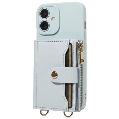 Lichtblauw telefoon hoesje met portemonnee en rits geschikt voor iPhone 16 Plus – kunstleer beschermende wallet case voor dames en heren met pasjeshouder, druksluiting, draagkoord bevestiging en standaard functie