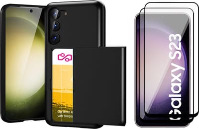 Hoesje met Pasjeshouder geschikt voor Samsung Galaxy S23 - 2x Screen Protector FullGuard - Back Cover SlideCase Zwart & Screenprotector
