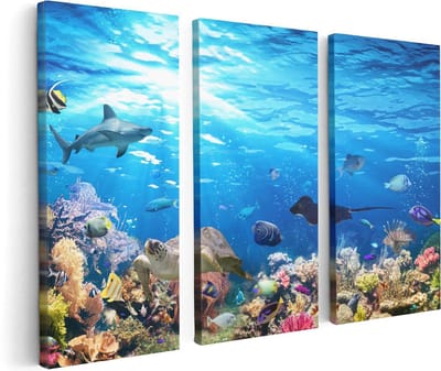 Artaza Canvas Schilderij Drieluik Vissen met Koraalrif Onder Water - 120x80 - Foto Op Canvas - Canvas Print