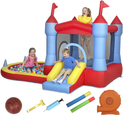 Blauw opblaasbaar springkasteel met waterpistool, glijbaan, trampoline, zwembadje/ballenbak en ventilator - 342x255x209 cm