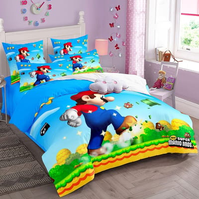Parure de lit SuperS M-Mario Dessin Animé Personnages de Jeux Super Bros Housse de Couette Couvertures de Couette pour Enfants Taie d'Oreiller 2/3 Pièces Simple Jumeau EU Single(135*200cm)3pcs