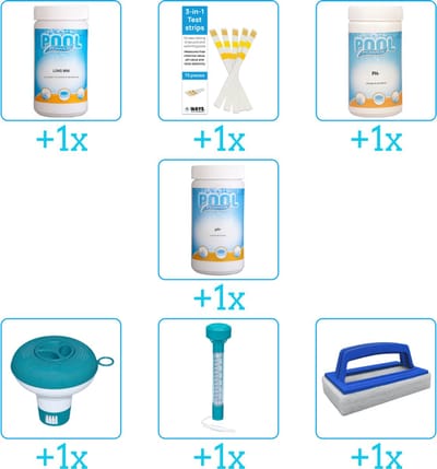 Zwembad Onderhoudspakket - Onderhoud Zwembad - bevat Chloor - Testrips - PH-min - PH-plus - Chloordrijver - Thermometer en Scrubborstel (7-delig)