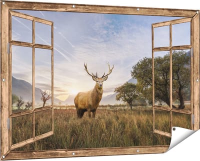 Gards Tuinposter Doorkijk Hert in het Landschap - 150x100 cm - Tuindoek - Tuindecoratie - Wanddecoratie buiten - Tuinschilderij