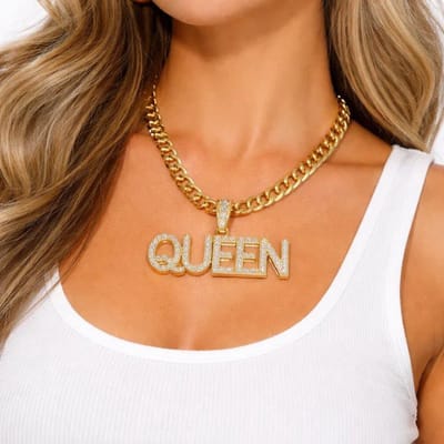 Halsketting Queen - Goud met strass - koningsdag - foute party