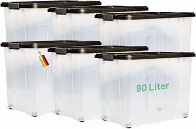 Novaliv 6x Opbergdozen met deksel Groot 80L Antraciet Nestbaar Stapelbaar met clipsluiting Rolboxen Kunststof BPA-vrij 61x40x45 cm