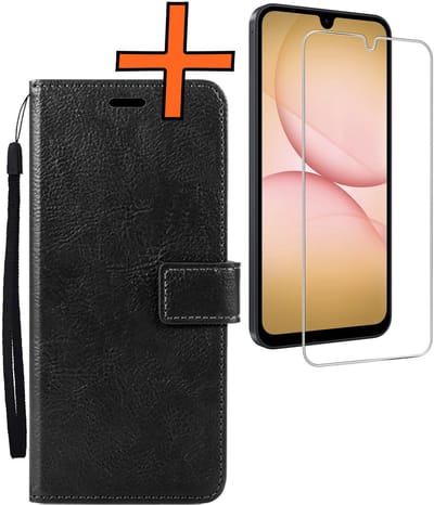 Hoes - Met Screenprotector - Geschikt voor Samsung Galaxy A17 - Luxe Pasjeshouder - Bookcase Portemonee - Flip Case - Kunstleer Book Case - Flipcase - Book Cover - Walletcase - PortemonneeHoes - Zwart