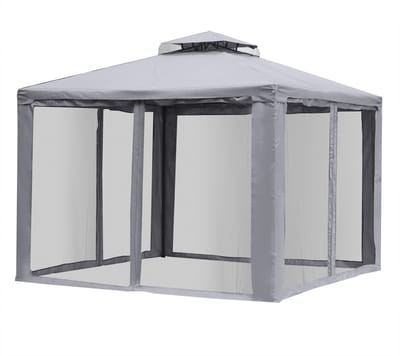 Killogood Tuinhuis met dubbel dak - ca. 3x3 m waterdicht stabiel winterbestendig tuinhuis met klamboe - zijpanelen - metalen tuinhuis - voor tuin - terras - lichtgrijs