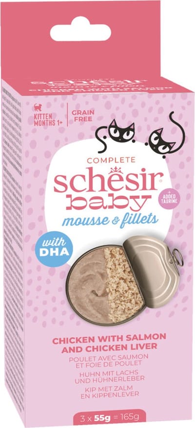 Schesir Baby Kitten Mousse & Filets Kip & Zalm & Kippenlever - 12 x 3 x 55 gr - Voordeelverpakking