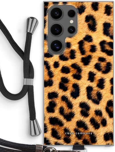 Case Company® - Hoesje met koord geschikt voor Samsung Galaxy S24 Ultra hoesje met Koord - Luipaard - Telefoonhoesje met Zwart Koord - Bescherming aan alle Kanten en Over de Schermrand