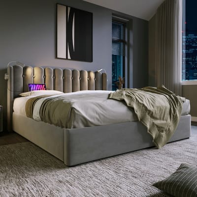 VVBV Gestoffeerd Opbergbed 140x200 cm - Opbergruimte, Lattenbodem, Hoofdbord, Leeslamp - Fluweel Grijs - Zonder Matras