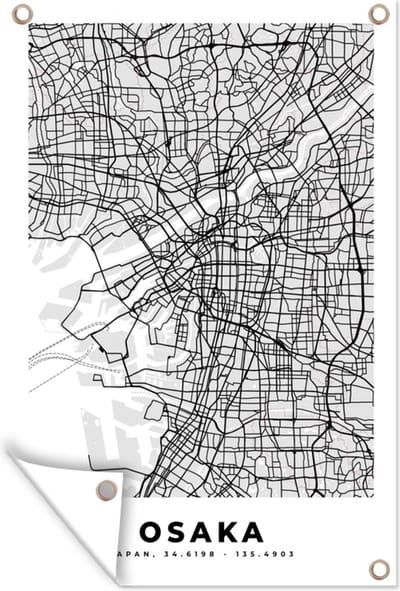 Muurdecoratie Osaka - Stadskaart - Zwart Wit - Plattegrond - Kaart - 120x180 cm - Tuinposter - Tuindoek