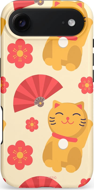 Casetastic hoesje geschikt voor Apple iPhone Air - MagSafe - Dubbellaagse bescherming - Japanse Poezenvreugde - Lucky Cats - Fashion Case - Crème Geel Rood