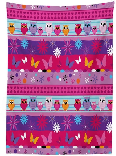 ABAKUHAUS Tafelkleed – Cartoon Uilen en Bloemen – 140x240 cm – Wasbaar Satijnachtige Mix