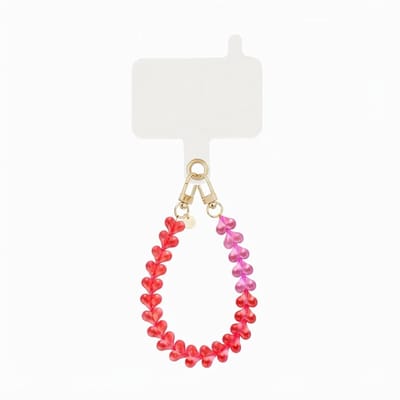 xoxo Wildhearts telefoonkoord met clip - Funky Hearts (Transparant Roze en rood) - Kort koord - Geschikt voor iPhone - Geschikt voor Samsung - Phone cord met koord clip - Easy Cord - Telefoonketting - Hartjes koord voor telefoon - Rood met roze