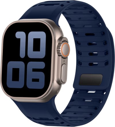 Stravo Siliconen sport horlogebandje voor Apple Watch 46mm (Series 10/11), 45mm (Series 7/8/9), 44mm (Series 4/5/6, SE 1/2/3), 49mm (Ultra 1/2/3) – Met magnetische sluiting en ventilatiesleuven – Donkerblauw