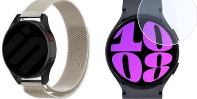 Strap-it Milanese band + Screenprotector - geschikt voor Samsung Galaxy Watch 7 40mm / Watch 6 40mm / Watch 5 40mm / Watch 4 40mm / Watch FE - RVS Stalen band - Magnetische sluiting - sterrenlicht/starlight