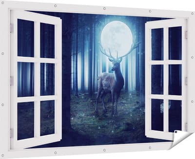 Gards Tuinposter Doorkijk Hert in het Bos tijdens Volle Maan - 180x120 cm - Tuindoek - Tuindecoratie - Wanddecoratie buiten - Tuinschilderij